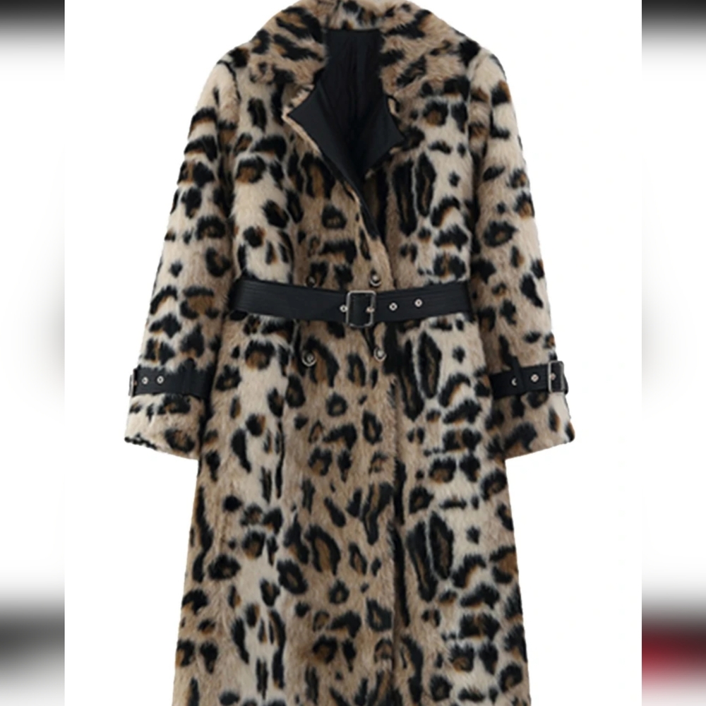 Long Leopard Print Warm Fluffy Faux Fur Trench Coat for Women - Picture 9 of 12